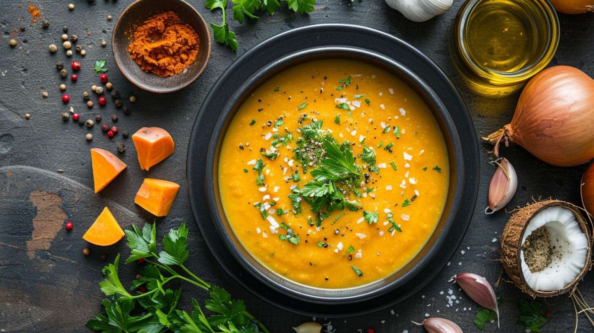 Savourez un velouté de patates douces au curry et coriandre