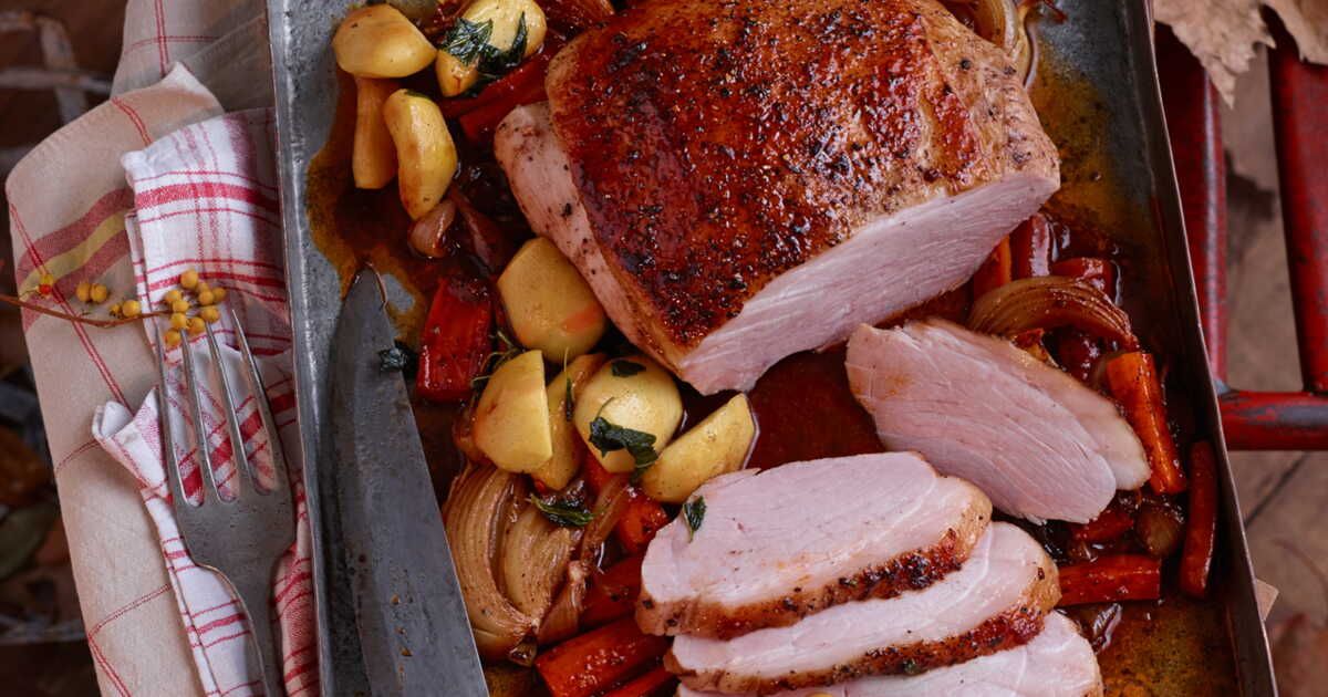 Rôti de porc caramélisé, légumes fondants
