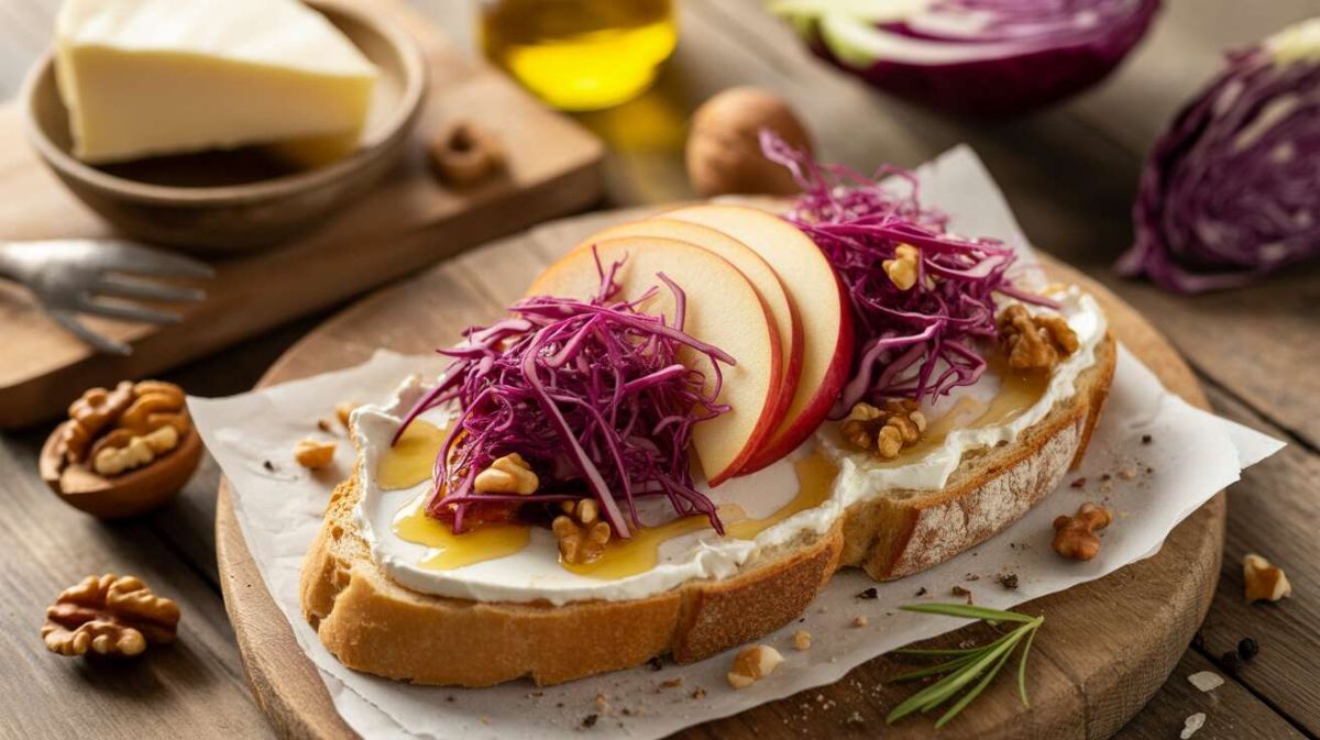 Une tartine originale au fromage frais, chou rouge et pomme